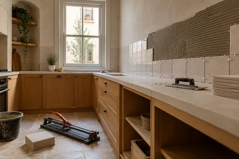 Visualización conceptual IA: Colocación de azulejos con separadores y adhesivo sobre una pared de cocina.