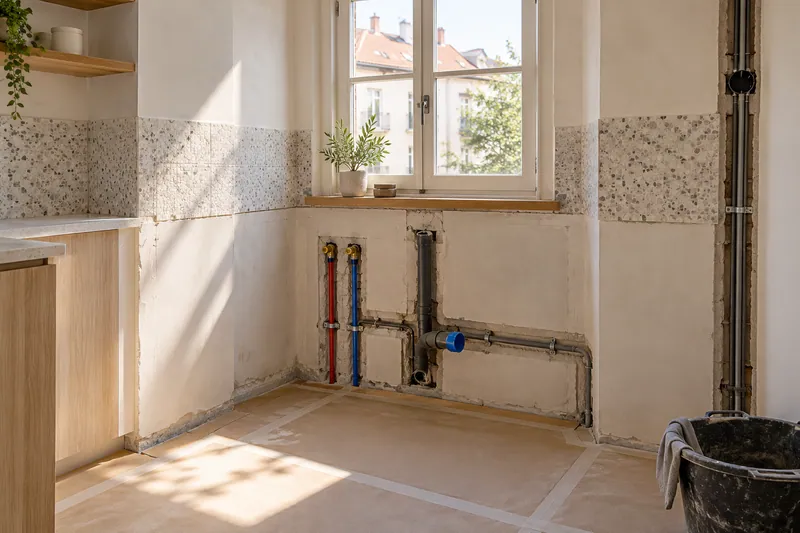 Visualización conceptual IA: Tuberías de suministro y desagüe durante la renovación de una cocina.