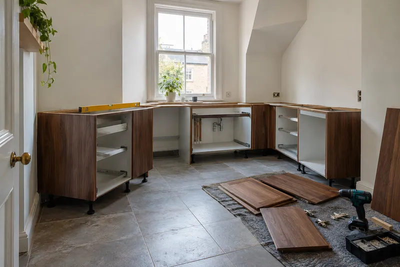 Visualización conceptual IA: Módulos de cocina en montaje con puertas pendientes de colocar.